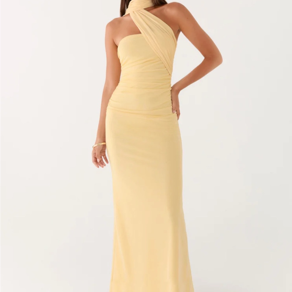 Peppermayo Pale Yellow One-Shoulder Ruched Evening Gown